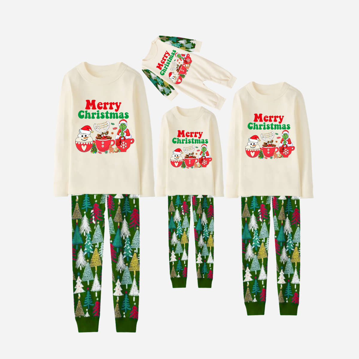 Family Christmas Pajamas Set With "Merry Christmas" and Cartoon Pattern Print