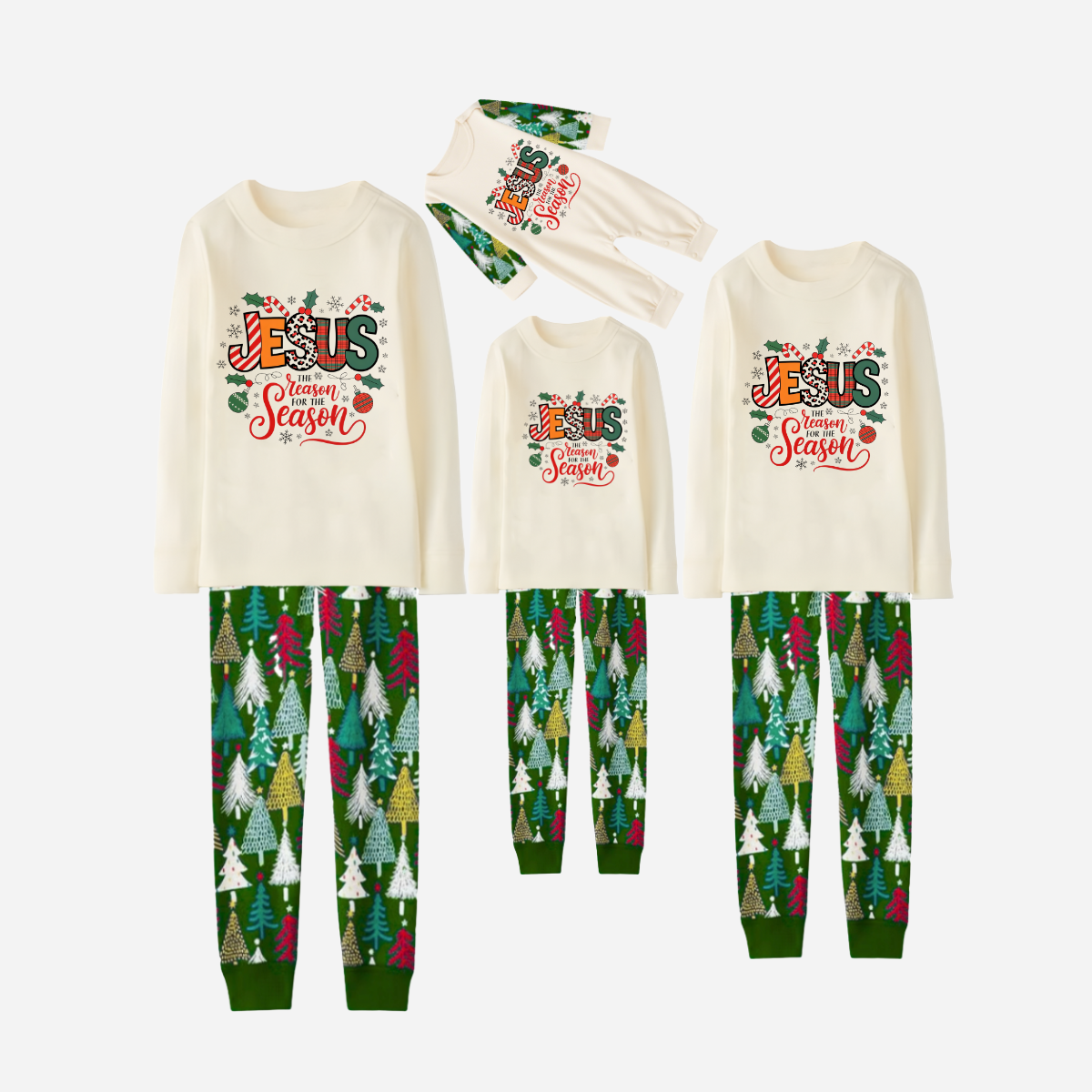 "Jesus is the REASON for the Season" Matching Christmas Pajamas Set - Beige Top and Tree Print Pants Pajamas