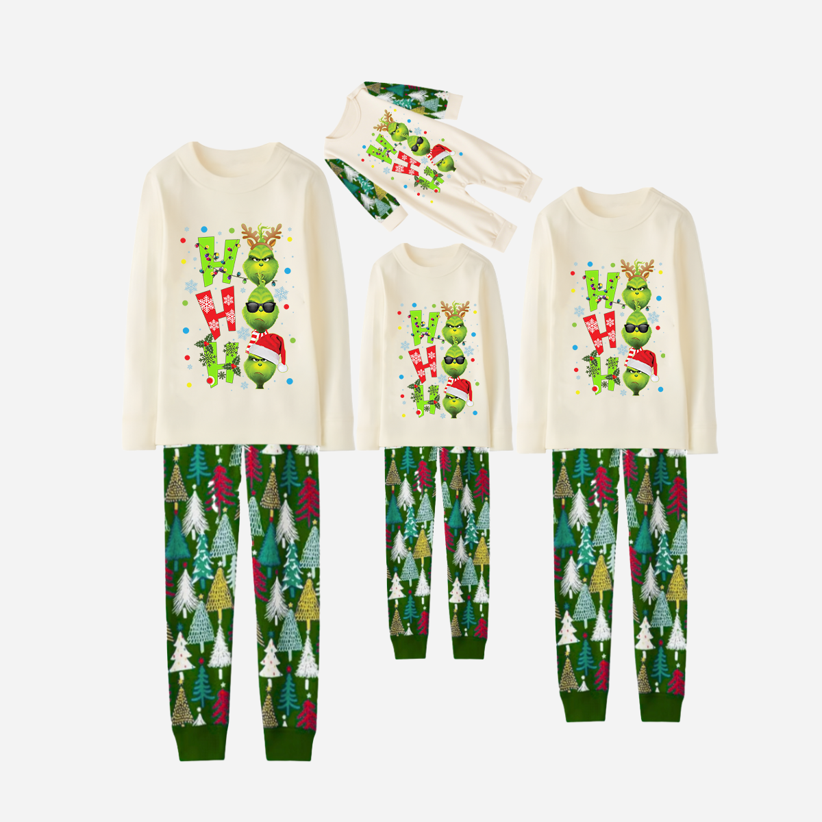 Family Christmas Pajamas Set With "ho ho ho" and Christmas Grinch Print