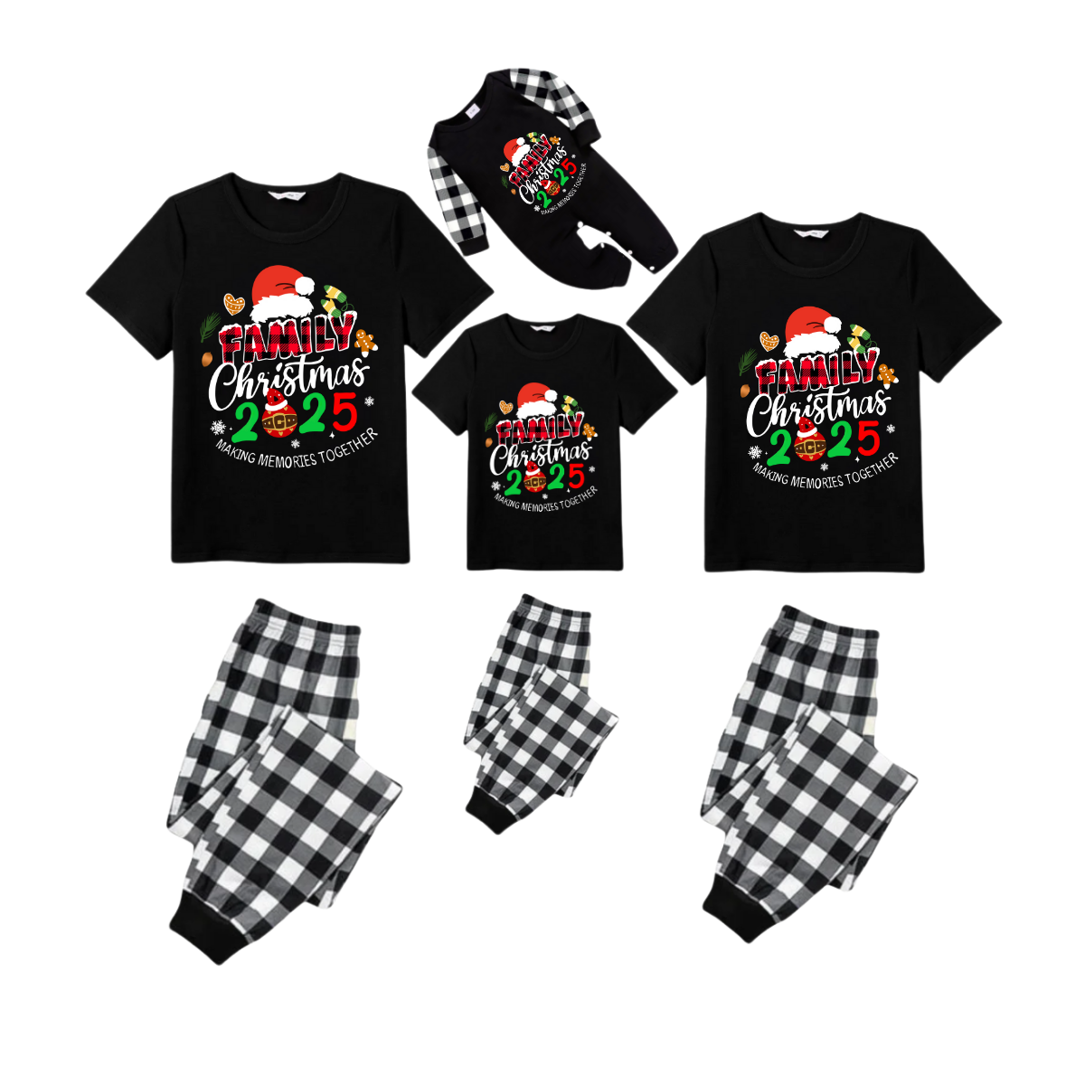 Making Memories Together Family Christmas 2025 Pajamas Set - Black Top Black and White Plaid Pants Santa Hat Graphic