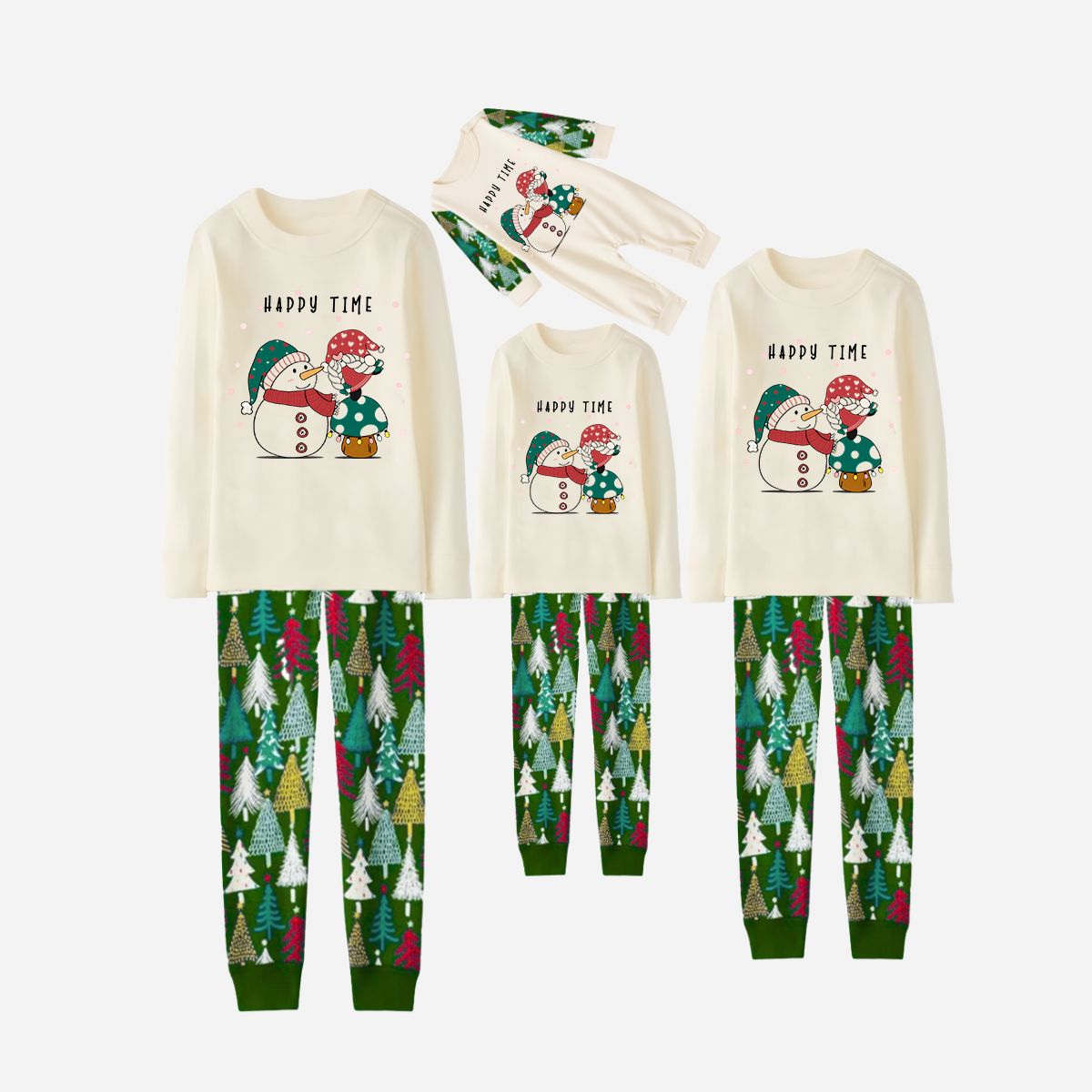 Family Christmas Pajamas Set With Snowman and Gnome and "Happy Time" Text Print