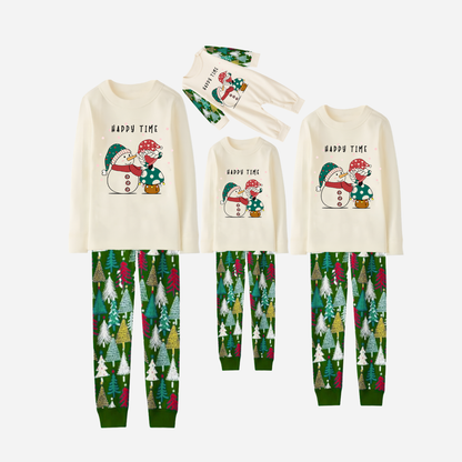 Family Christmas Pajamas Set With Snowman and Gnome and "Happy Time" Text Print