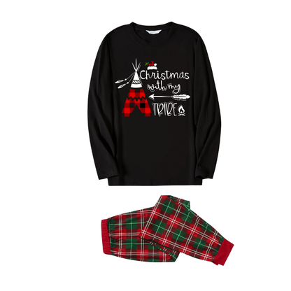 "Christmas With My Tribe" Text Printed Red and Green Plaid Christmas Family Matching Pajamas