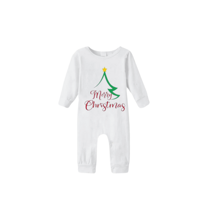 Christmas Tree of Shape with Stars and "Merry Christmas" Artistic Font White Long Sleeve Top with Red & Green Plaid Pants Family Matching Pajamas