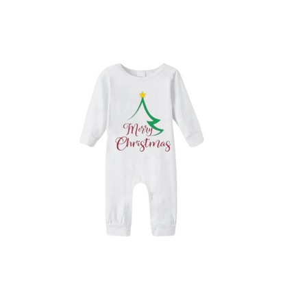 Christmas Tree of Shape with Stars and "Merry Christmas" Artistic Font White Long Sleeve Top with Red & Green Plaid Pants Family Matching Pajamas