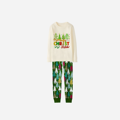 Merry Christmas Trees Family Christmas Pajamas Set - White Top with Christmas Tree Printed Pants