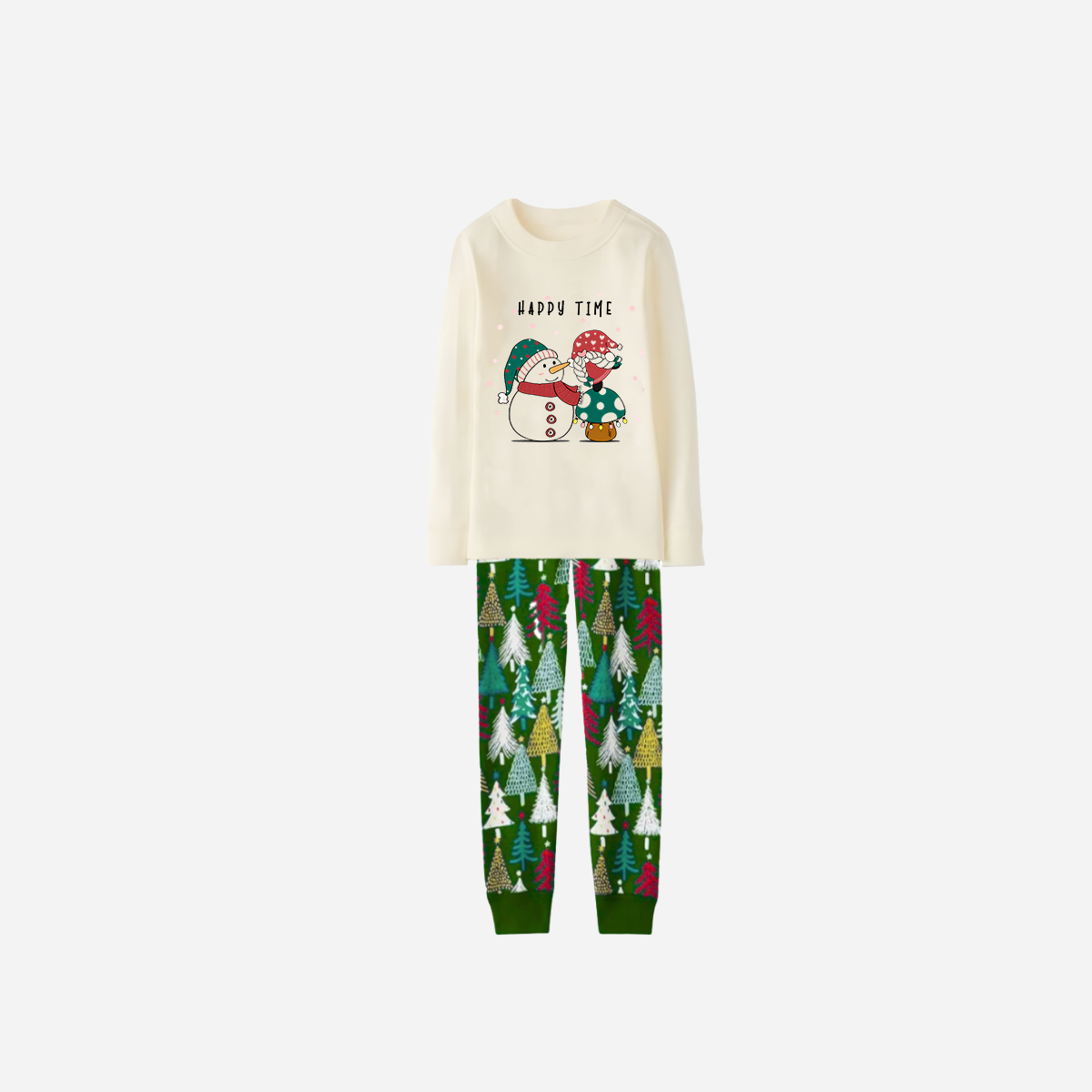 Family Christmas Pajamas Set With Snowman and Gnome and "Happy Time" Text Print