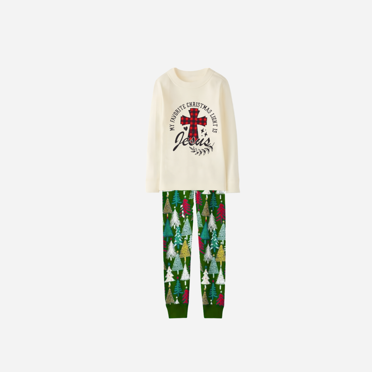 My Favorite Christmas Light Is Jesus Family Christmas Pajamas Set - White Top with Christmas Tree Printed Pants