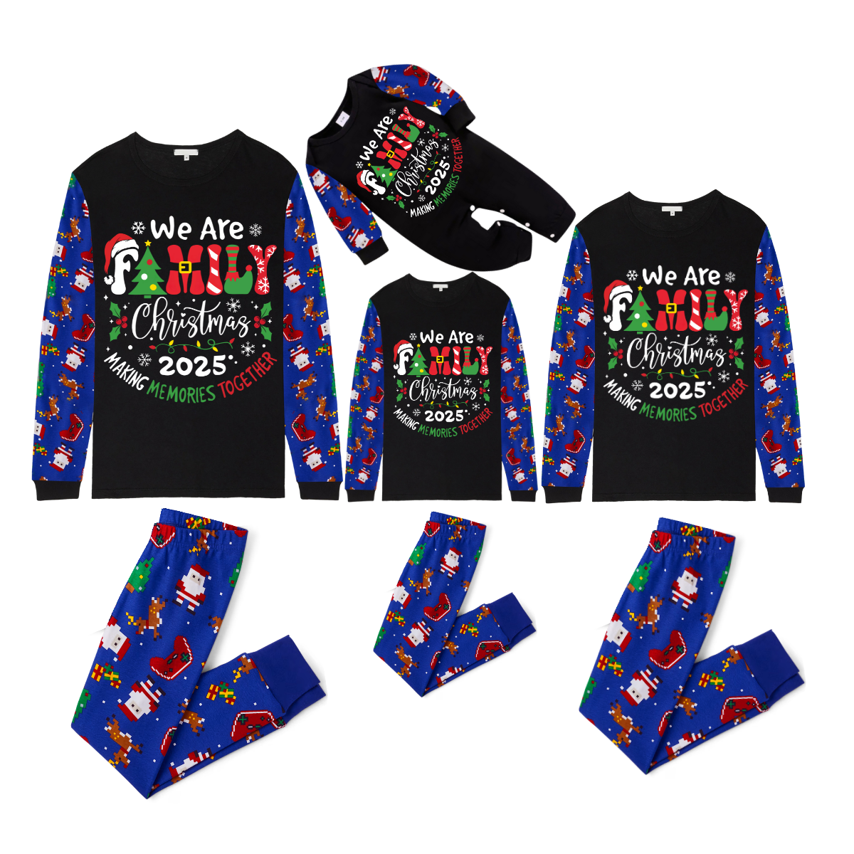 We Are Family Christmas 2025 Making Memories Family Pajamas Set - Black Top, Blue Pants, Blue Christmas Cartoon Sleeves