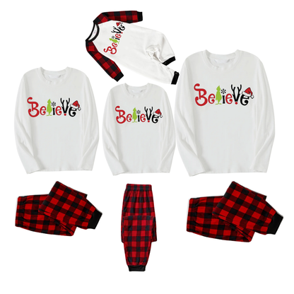 Christmas 2025 "Believe" Letter White Long Sleeve Top and Red & Black Plaid Pants Family Matching Pajamas