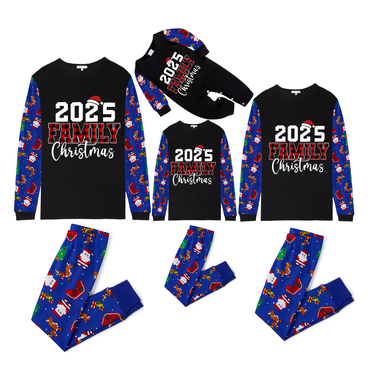 2025 Family Christmas Family Pajamas Set - Black Top, Blue Pants, Blue Christmas Cartoon Sleeves, Letter Print