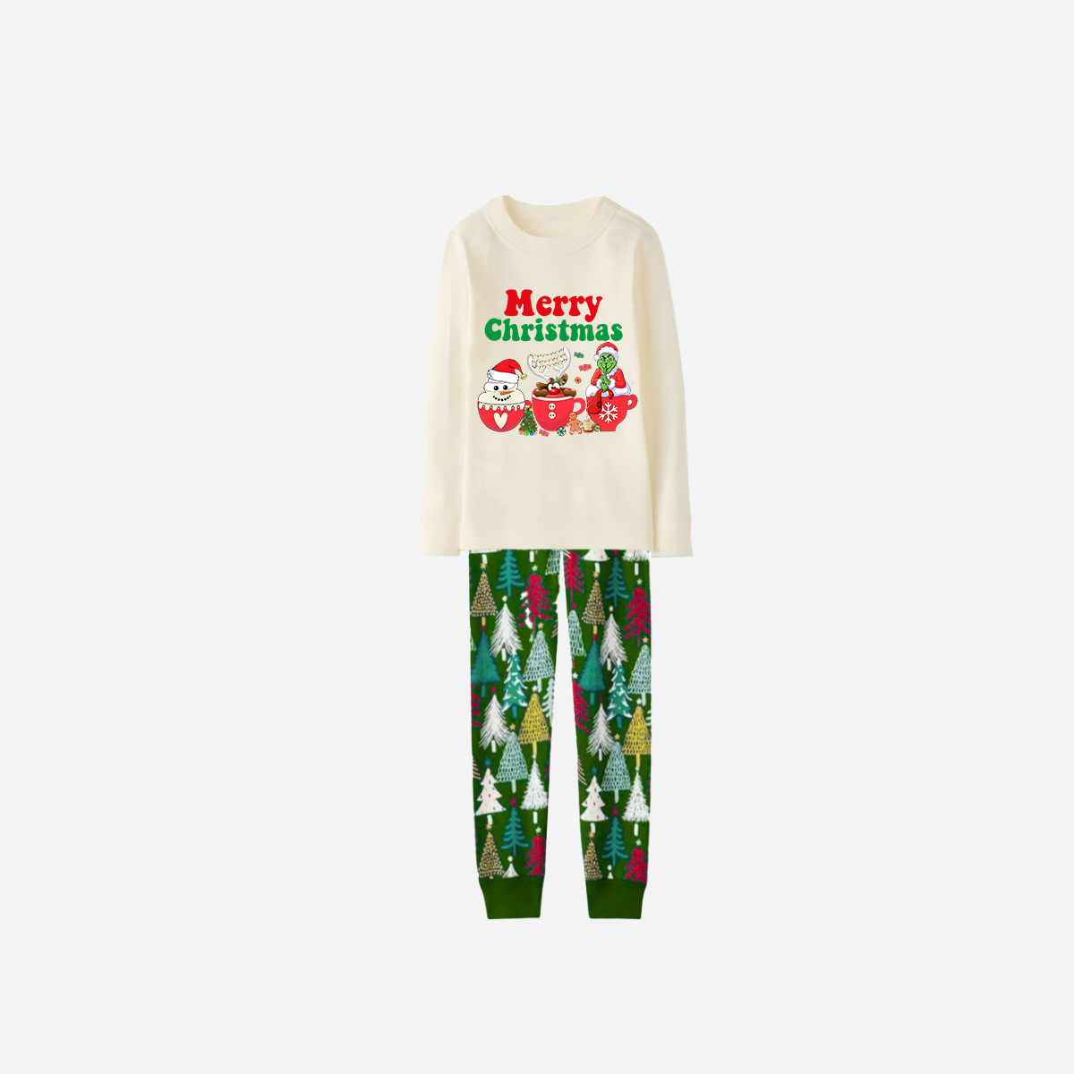 Family Christmas Pajamas Set With "Merry Christmas" and Cartoon Pattern Print