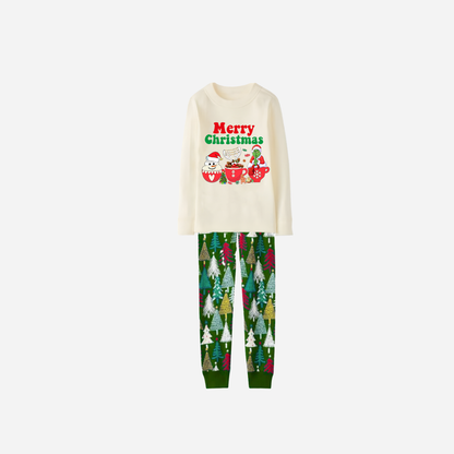Family Christmas Pajamas Set With "Merry Christmas" and Cartoon Pattern Print