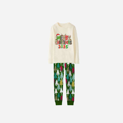 Merry Christmas 2025 Family Christmas Pajamas Set - White Top with Christmas Tree Printed Pants