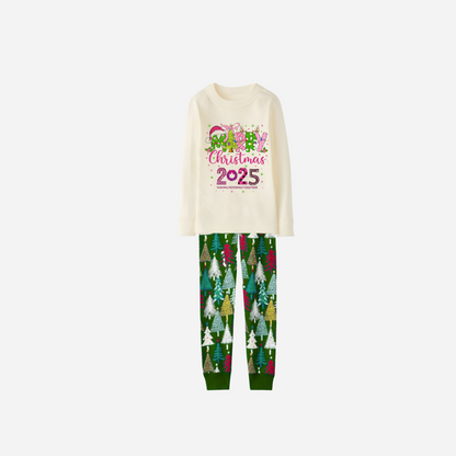 Merry Christmas 2025 Family Christmas Pajamas Set - White Top with Christmas Tree Printed Pants