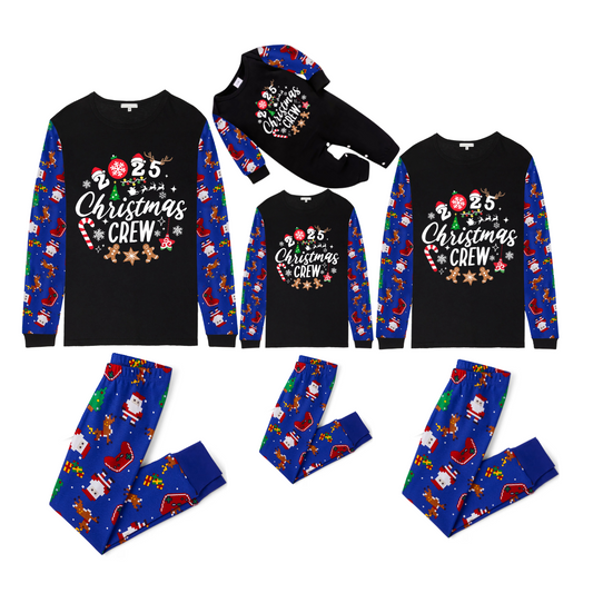 Christmas Crew 2025 Family Pajamas Set - Black Top, Blue Pants, Blue Christmas Cartoon Sleeves, Gingerbread Candy Print