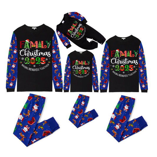 Family Christmas 2025 Making Memories Family Pajamas Set - Black Top, Blue Pants, Blue Christmas Cartoon Sleeves