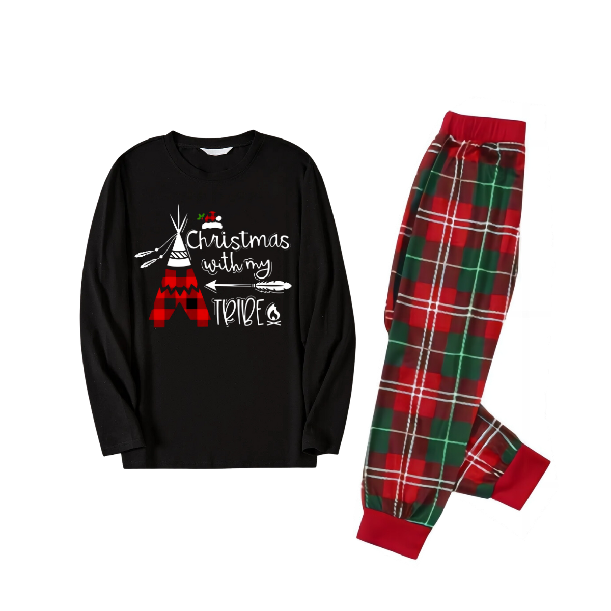"Christmas With My Tribe" Text Printed Red and Green Plaid Christmas Family Matching Pajamas