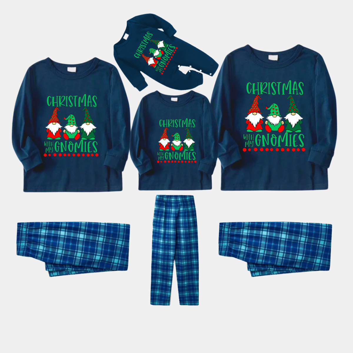 Navy & Sky Blue Plaid Christmas Pajamas Set With "Christmas With My Gnomies" Text Print