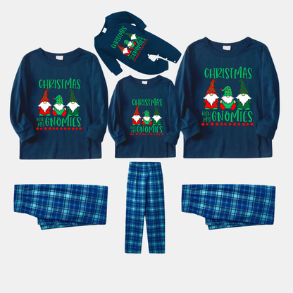 Navy & Sky Blue Plaid Christmas Pajamas Set With "Christmas With My Gnomies" Text Print