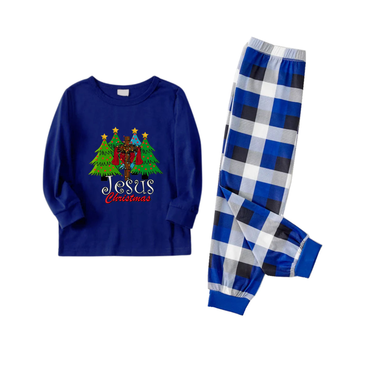 Christmas Family Matching Pajamas-Navy & White Plaid Pjs Set with Christmas Tree and "Jesus Christmas" Print