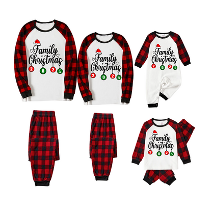 Christmas Family Matching Family Pajamas Set - White Top, Red Pants, Plaid
