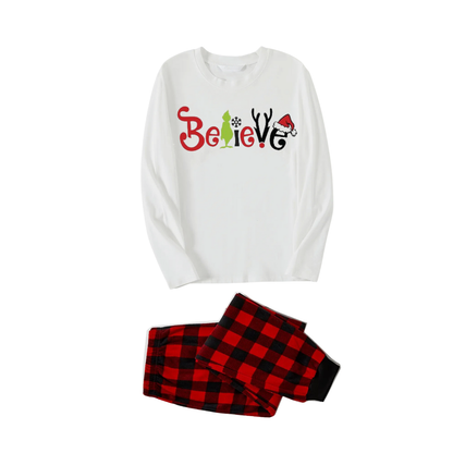 Christmas 2025 "Believe" Letter White Long Sleeve Top and Red & Black Plaid Pants Family Matching Pajamas