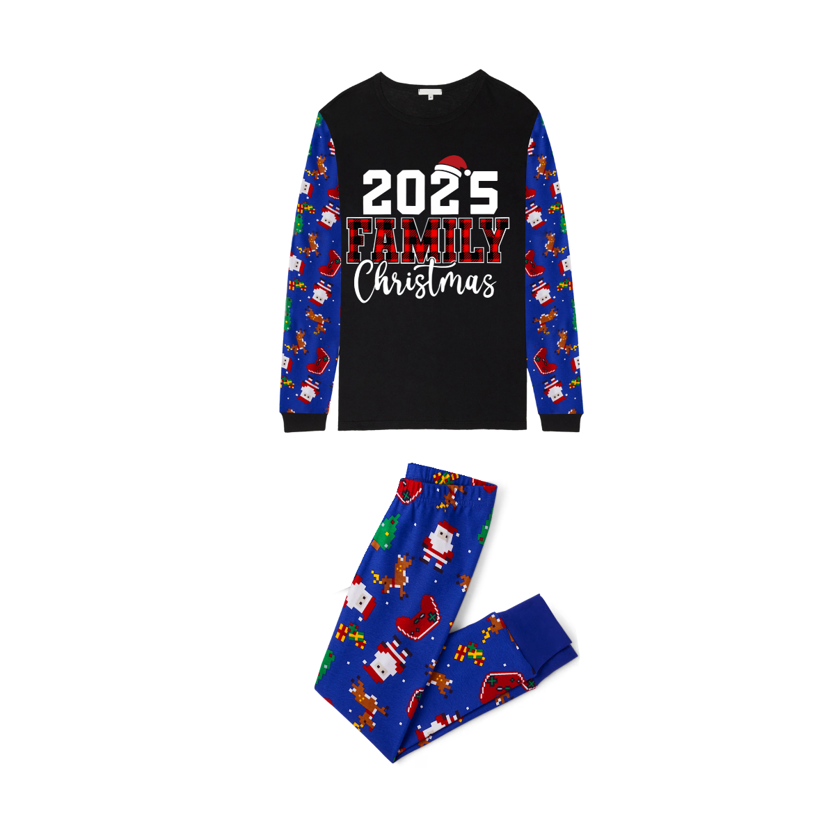 2025 Family Christmas Family Pajamas Set - Black Top, Blue Pants, Blue Christmas Cartoon Sleeves, Letter Print