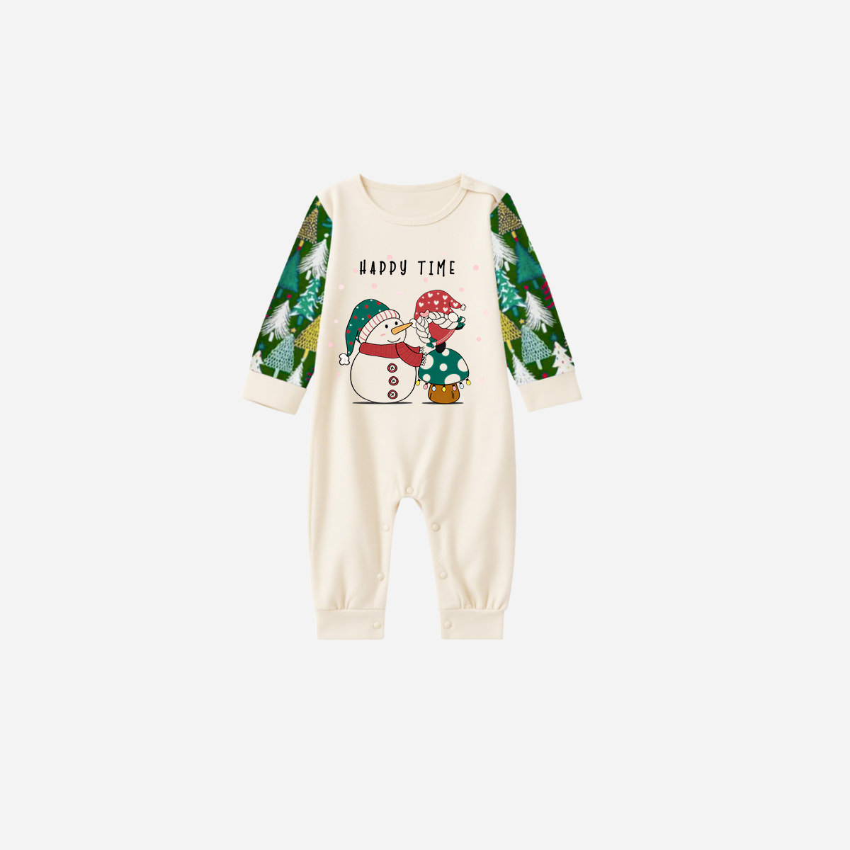 Family Christmas Pajamas Set With Snowman and Gnome and "Happy Time" Text Print