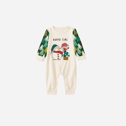 Family Christmas Pajamas Set With Snowman and Gnome and "Happy Time" Text Print