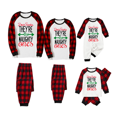 Dear Santa Naughty Ones Family Pajamas Set - White Top, Red Plaid Pants, Plaid Sleeves