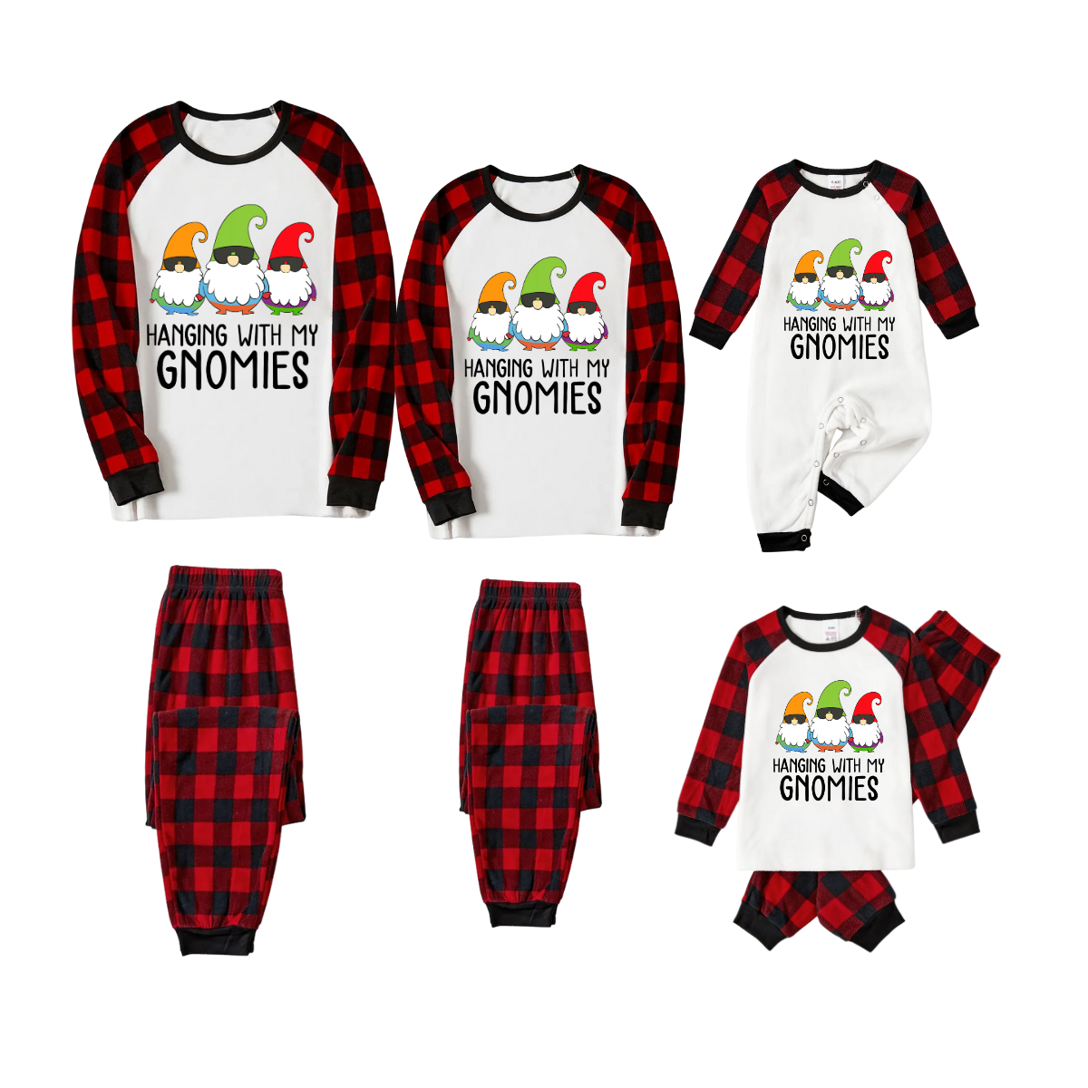 Hanging With My Gnomies Family Pajamas Set - White Top, Red Plaid Pants, Red Plaid Sleeves, Gnomes Print