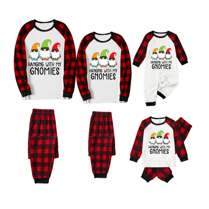 Hanging With My Gnomies Family Pajamas Set - White Top, Red Plaid Pants, Red Plaid Sleeves, Gnomes Print