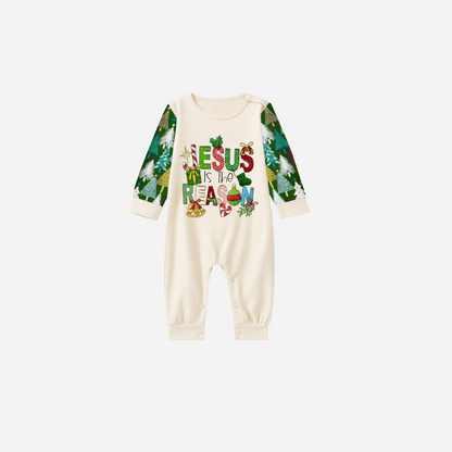Christmas Cartoon Family Christmas Pajamas Set - Cream Top with Multicolor Christmas Tree Pants and “Jesus is the Reason” Design
