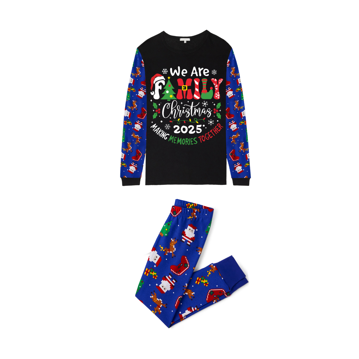 We Are Family Christmas 2025 Making Memories Family Pajamas Set - Black Top, Blue Pants, Blue Christmas Cartoon Sleeves