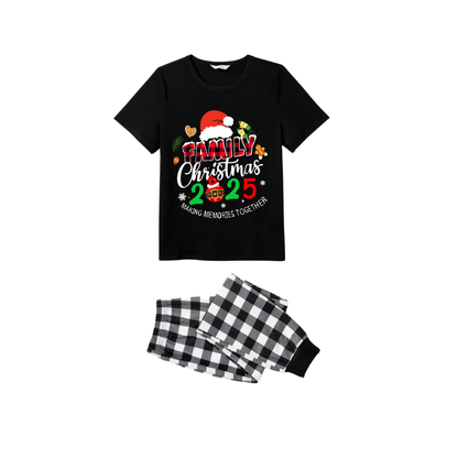 Making Memories Together Family Christmas 2025 Pajamas Set - Black Top Black and White Plaid Pants Santa Hat Graphic