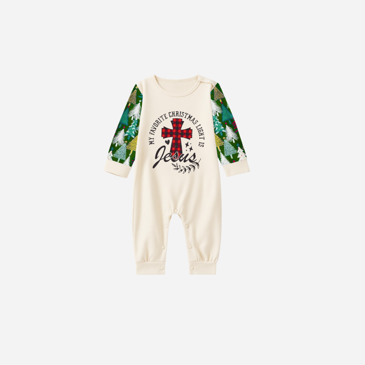 My Favorite Christmas Light Is Jesus Family Christmas Pajamas Set - White Top with Christmas Tree Printed Pants