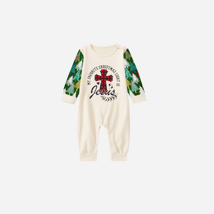 My Favorite Christmas Light Is Jesus Family Christmas Pajamas Set - White Top with Christmas Tree Printed Pants