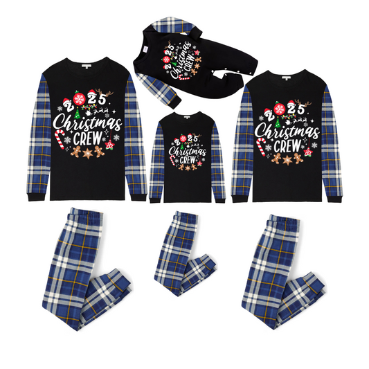 Christmas Crew 2025 Family Pajamas Set - Black Top, Blue Pants, Blue Plaid Sleeves, Gingerbread Candy Print
