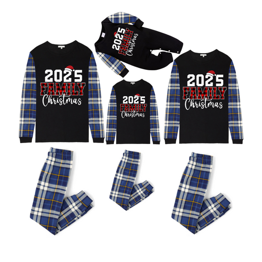 2025 Family Christmas Family Pajamas Set - Black Top, Blue Pants, Blue Buffalo Plaid Sleeves, Letter Print