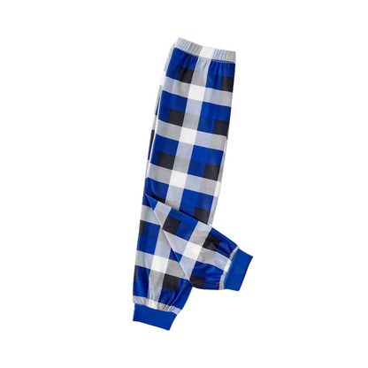 "Let it Snow" Text and Snowman Printed  Blue and White Plaid Family Matching Pajamas