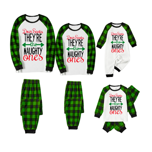 Dear Santa Naughty Ones Family Pajamas Set - White Top, Green Plaid Pants, Plaid Sleeves