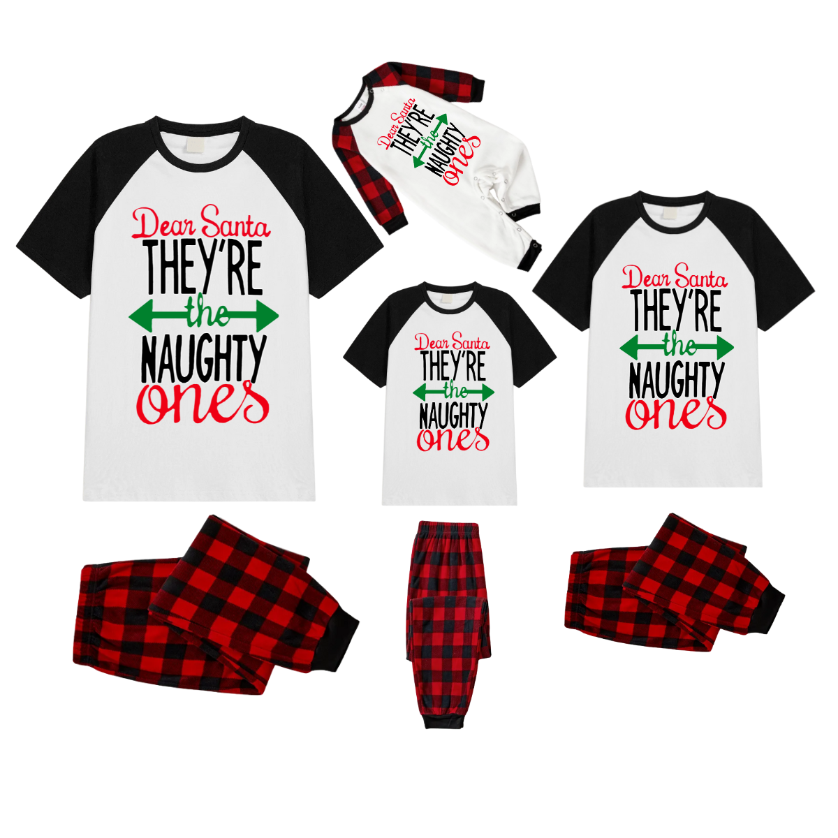 Dear Santa They're the Naughty Ones Family Pajamas Set - White Top Black Sleeves Red Plaid Pants Green and Red Text Graphic