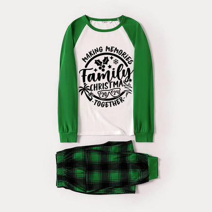 Christmas Make Memories Together 2024 Print Green Rotator Cuff Top With Green & Black Plaid Family Matching Pajamas With Dog