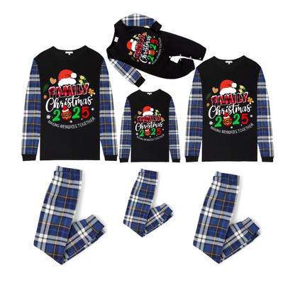 Merry Christmas 2025 Making Memories Family Pajamas Set - Black Top, Blue Pants, Blue Plaid Sleeves, Santa & Gingerbread Print