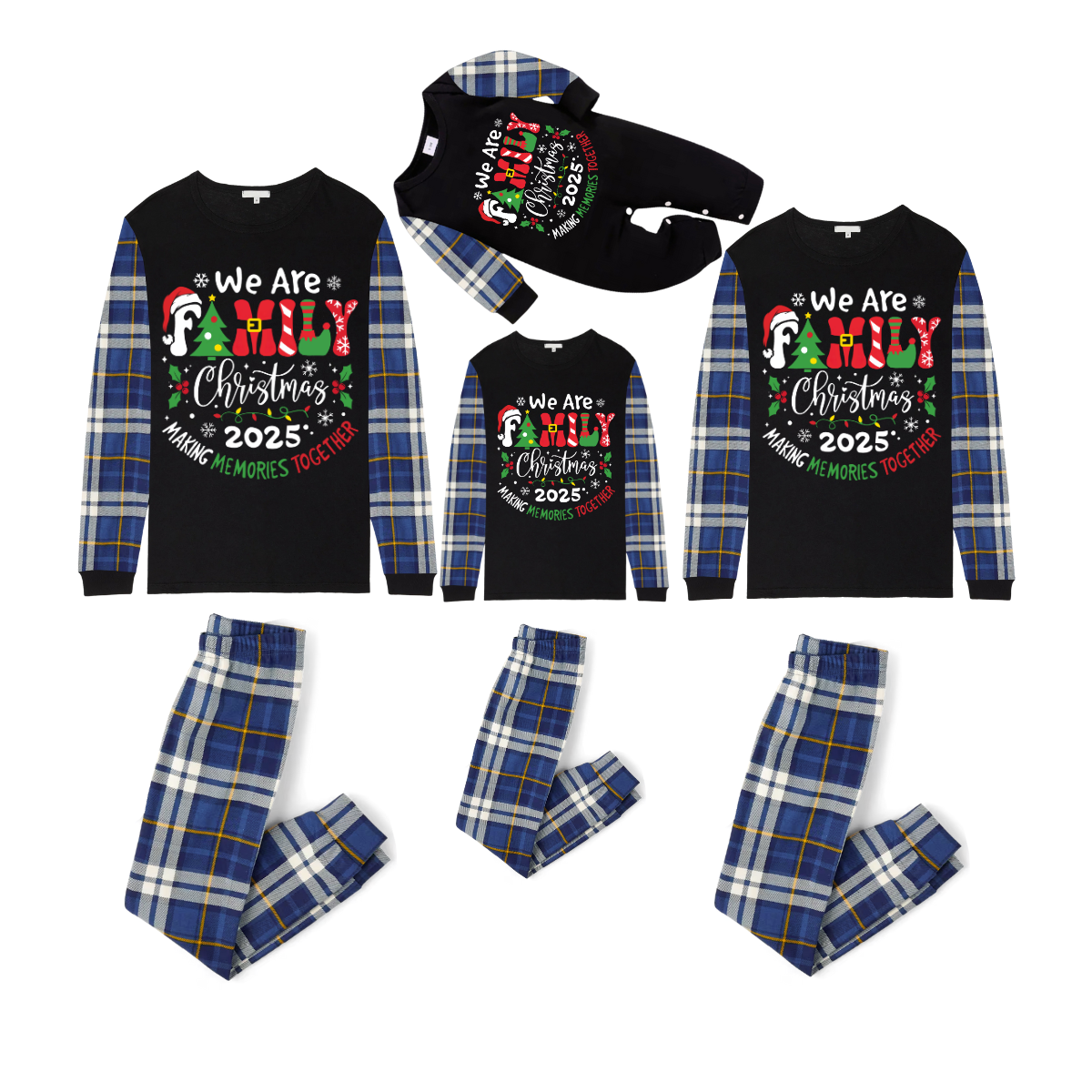 We Are Family Christmas 2025 Making Memories Family Pajamas Set - Black Top, Blue Pants, Blue Plaid Sleeves