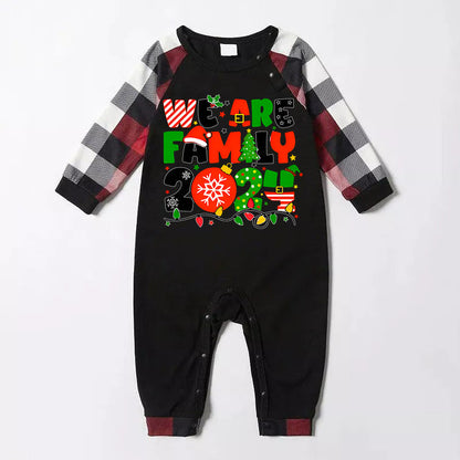 Christmas "We are Family" Colorful Multi-Element Letter Prints Red & Black & Grey & White Plaid Family Matching Pajamas