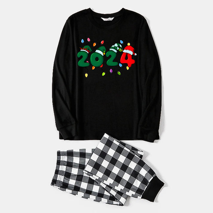 Christmas "2024" Letter Print Black Long Sleeve Top with Black And White Plaid Pants Family Matching Pajamas
