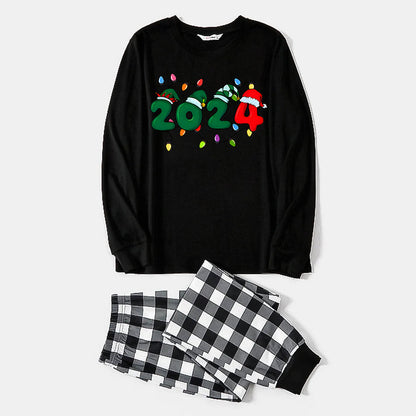 Christmas "2024" Letter Print Black Long Sleeve Top with Black And White Plaid Pants Family Matching Pajamas