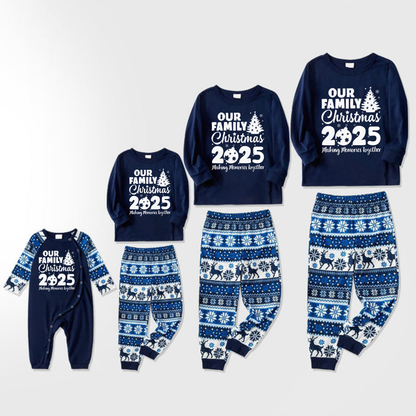 'Our Family Chirstmas 2025 Making Memories Together' Letter Print Blue Long Sleeve With Blue Floral Pants Family Matching Pajamas Sets